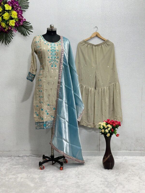 Stylish Beige Color Sequence Work Sharara Suit | FREE SHIPP IND +5% OFF - Image 4